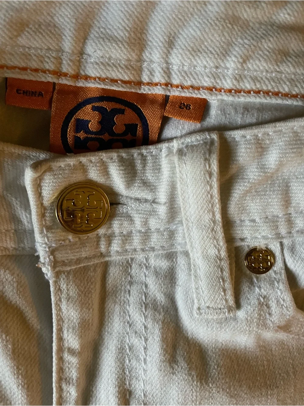 Tory Burch White Denim Jeans with Orange Logo Tag